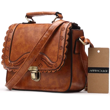 Annmouler Vintage Women Bag Пу Small Leather Bag Hollow Out Дантела Shoulder Messenger Bag Brown Retro Satchel Bag for Girl