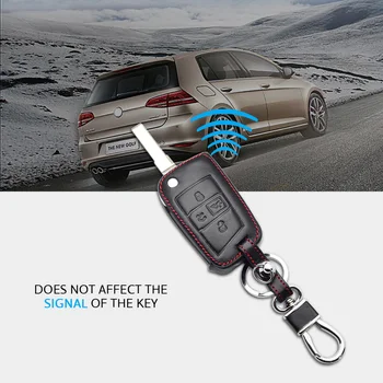 Калъф за ключове на автомобила от естествена кожа VW Volkswagen Golf MK7 7 GTI 2017 2018 4 бутона-сгъваем дистанционно управление Fob капачка и ключодържател протектор чанта