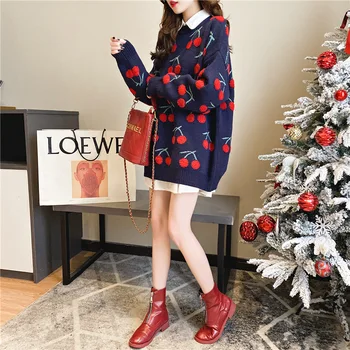 EBAIHUI корейски червен малък Черешов модел свободен O образно деколте дебел пуловер женски пуловер 2020 Есен Зима синьо бежово вязаный топ
