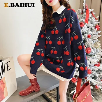 EBAIHUI корейски червен малък Черешов модел свободен O образно деколте дебел пуловер женски пуловер 2020 Есен Зима синьо бежово вязаный топ