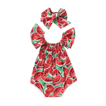 2019 New Baby Girl Bodysuits Сладко Newborn Baby Girls диня боди+лента за глава облекло слънцезащитен костюм памук О-образно деколте детско боди