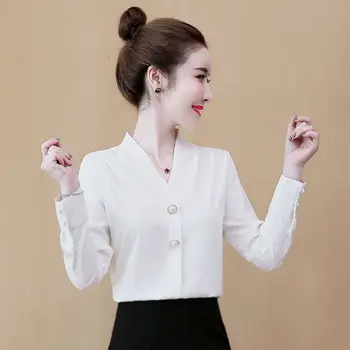 Нови жени пролет есен стил шифон блузи Дама ежедневни с дълъг ръкав V-образно деколте, свободна риза офис Дама твърди Blusas върховете DF3315