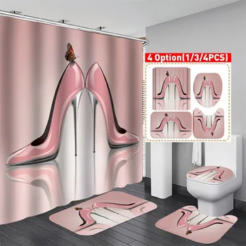 Високи розови токчета водоустойчив баня душ завеса тоалетна делото подложка за баня Нескользящий мат комплект аксесоари за баня с 12 куки