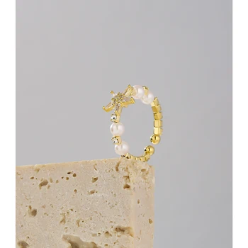 Yhpup романтична сладка Звезда на кубичен цирконий пръстен за жени мода имитация на перли тънък Принцеса пръстен, сватбени декорации подарък 2020