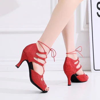 Дами стягам латински танц обувки червен блясък бална зала Салса танцови обувки за сватбата на партията на жените мека подметка латино танцови обувки