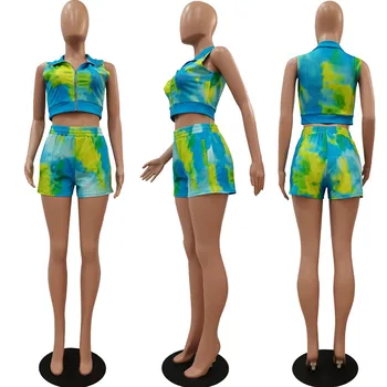 HAOYUAN Секси Вратовръзка Боядисват Two Piece Set летни дрехи за жени спортен костюм съкратен топ байкерские шорти, подходящи комплекти 2 бр клубни екипи