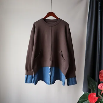 Nomikuma Души мозайка дамски пуловер пуловер корейски причинно фалшиви две парчета от трикотажни блузи 2020 Есен Зима дръпна Femme 6C843