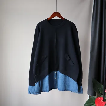 Nomikuma Души мозайка дамски пуловер пуловер корейски причинно фалшиви две парчета от трикотажни блузи 2020 Есен Зима дръпна Femme 6C843