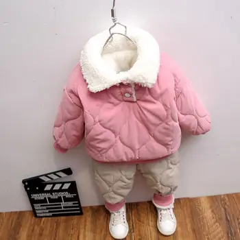 Сладки момичета зимни дрехи памук костюми Baby Plus кадифе дебел костюм от две части(топ+панталони ) детска есен зима топли дрехи