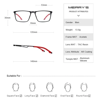 MERRYS DESIGN Men Късогледство Рецепта Eyeglasses Sport Glasses Frame ацетатная дограма за алуминиеви крака със силиконов връх виска S2270