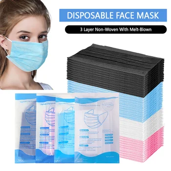 В наличност! 50шт за еднократна употреба нетканая 3-слойная маска за лице анти-прах дишаща ушна контур маска за устата на възрастен маска за еднократна употреба 9 цвята