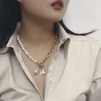 Корейски мода имитация на Пърл колие Колие за жени асиметрични мъниста буци верига огърлица квадратен медальон бижута 2020