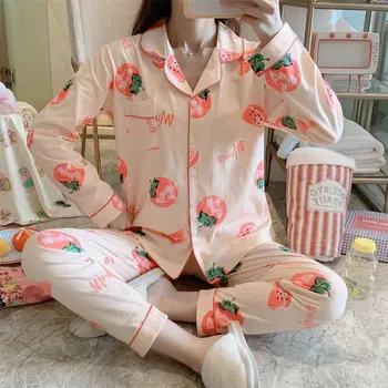 Kawaii пижами за жени памучни пижами Femme домашно облекло за жени, пролет Начало костюм с дълъг ръкав пижами плодове печат пижами