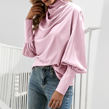 Стилен Пролет поло блузи жени фенер ръкав блуза ZANZEA Vintage ежедневни твърди копринени Blusas женски бутон туника плюс размер