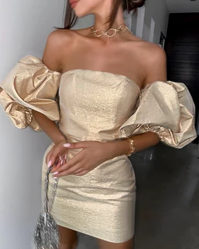 Дамска Зимна Мода Секси Puff Sleeve Без Гръб Gold Lady Dress 2020 Елегантна Вечерна Рокля Vestidos