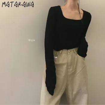 MATAKAWA трикольор базова тънка ретро квадратна шия Дамски ризи с дълъг ръкав Долната тениска жена топ есенен пуловер