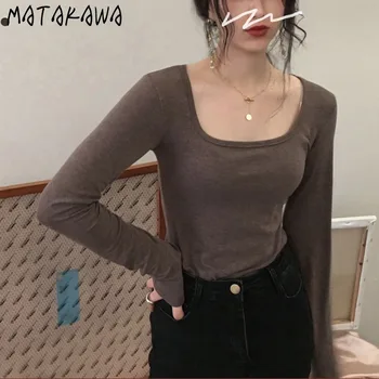 MATAKAWA трикольор базова тънка ретро квадратна шия Дамски ризи с дълъг ръкав Долната тениска жена топ есенен пуловер