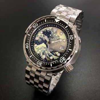 STEELDIVE Diver Гледайте 3D Printing Full Luminous Kanagawa Сърфирах Dial NH35 автоматични механични мъжки часовник Сапфировая дата
