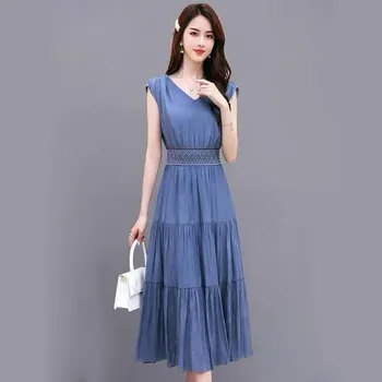 Ново лятно дамско корейското шифоновое без ръкави рокля с V-образно деколте и дълги тънки висока талия casual губим panel dress SS895