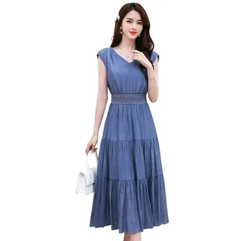 Ново лятно дамско корейското шифоновое без ръкави рокля с V-образно деколте и дълги тънки висока талия casual губим panel dress SS895