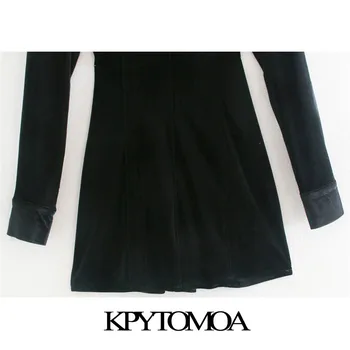 KPYTOMOA Women 2020 Fashion Black Velvet Fitted Mini Shirt Dress Vintage V образно деколте с дълъг ръкав дамски рокли Vestidos Mujer