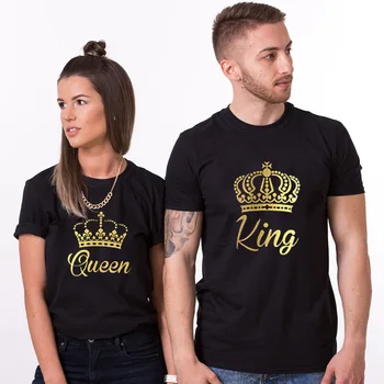 Мек топ чай унисекс ежедневни години двойка на съответствието на чай Крал и Кралица на златните корони печат на тениски