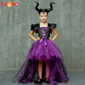 Хелоуин Малефисента злата тъмната Кралица момичета пакетче рокля с рога на Злата Вещица деца cosplay партия бална рокля костюм необичайно облекло