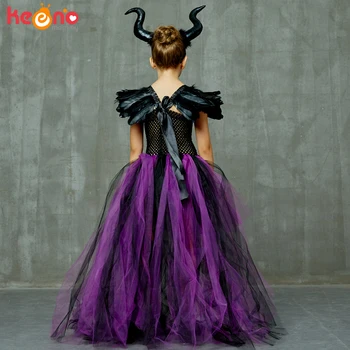 Хелоуин Малефисента злата тъмната Кралица момичета пакетче рокля с рога на Злата Вещица деца cosplay партия бална рокля костюм необичайно облекло