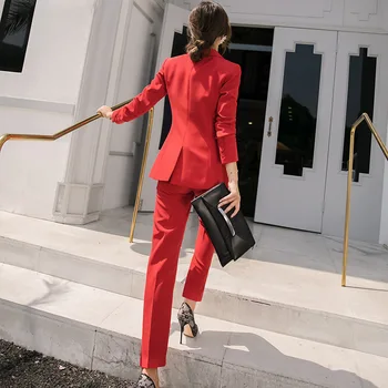 Женски костюм 2019 есен нов червено яке с дълги ръкави темперамент панталони професионална дрехи Дамски дрехи от две части