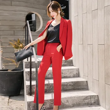 Женски костюм 2019 есен нов червено яке с дълги ръкави темперамент панталони професионална дрехи Дамски дрехи от две части