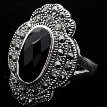 24*16 мм рядък сребърен цвят натурален черен фасетиран естествен камък марказит пръстен Sz 7/8/9/10