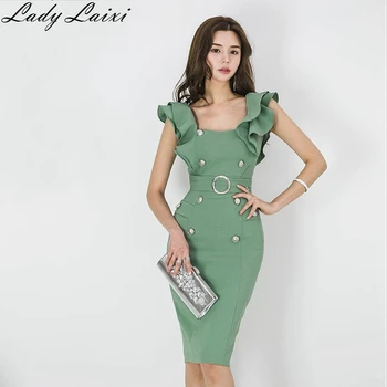 2020 лято високо качество женствена рокля мода зелен Bodycon молив Обличам секси къдри без ръкави бутон работа за офис парти