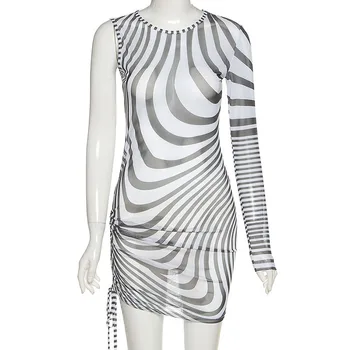 ANJAMANOR зебра ивица печат един ръкав Bodyocn Dress Секси Club облекло за жени, мода Чисто окото мини рокли D96-BF13
