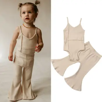 Детски летни дрехи новородено момиченце твърди ръкави плъзгачи топ + дълги панталони бел-дъна екипировки оребрени дрехи, комплекти 0-3Y
