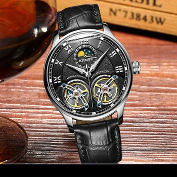 Двойна tourbillion Швейцария мъжки часовник BINGER автоматични часовници за мъже Self-Wind мода Механични ръчни часовници кожени часовници reloj