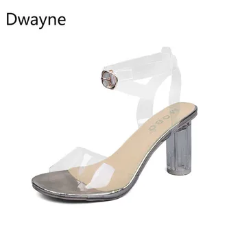 Дуейн 2019 Модни летни дамски обувки на чаши за вино с квадратна глава на висок ток, секси кухи прозрачни сандали с колан думи