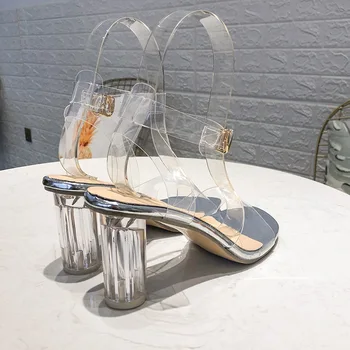 Дуейн 2019 Модни летни дамски обувки на чаши за вино с квадратна глава на висок ток, секси кухи прозрачни сандали с колан думи