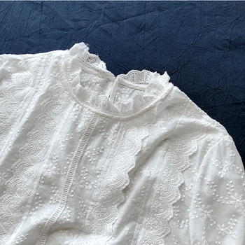 Сладки придворен стил дантелено украса бяла дантела яка памучен бродирана женска риза с дълъг ръкав
