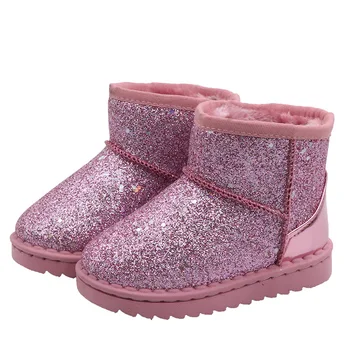 Детски ботуши пайети Bling дебели плюшени снегоходки 2020 зима нови дълга коса памучен обувки момиче принцеса ботуши крака zapatos