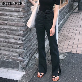 Bgteever Пролет нови дънки с висока талия за жени шик прави дънки Сплит свободни градинска Дамски черни дънки Femme 2020