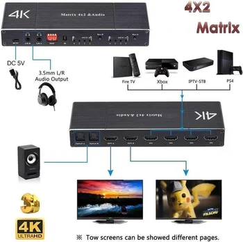 HDMI-съвместим матричен опаковка Matrix 4 In 2 Out, поддръжка на 3d и 4k ARC 5.1 Channel 5V-12V широк вход напрежение