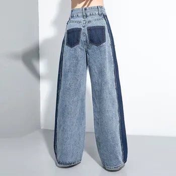 LANMREM хип-хоп модната марка 2021 летни дрехи пране подшиване дънки контрастни светло сини дънкови разкроена панталони дънки WM04405L