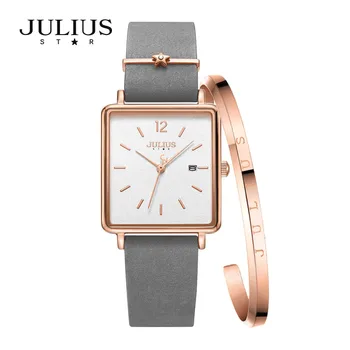 Луксозни сапфировые квадратни елегантни дамски часовници Japan Mov't Lady Hours Fine Fashion Real Leather Bracelet гърлс Gift Box Julius