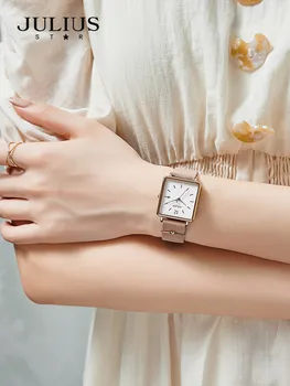 Луксозни сапфировые квадратни елегантни дамски часовници Japan Mov't Lady Hours Fine Fashion Real Leather Bracelet гърлс Gift Box Julius