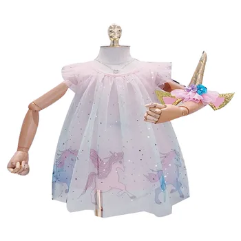 Младенческие деца момичета лятна рокля дантела мрежа пристрастие Еднорог ръкави многослоен сладък сладка Принцеса рокля с единорогом коса група