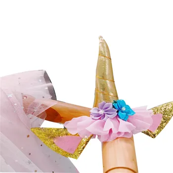 Младенческие деца момичета лятна рокля дантела мрежа пристрастие Еднорог ръкави многослоен сладък сладка Принцеса рокля с единорогом коса група
