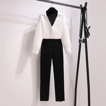 2020 есен офис дами с дълъг ръкав от две части комплект за жени фалшив от две части лоскутная риза и висока талия черни панталони и комплекти