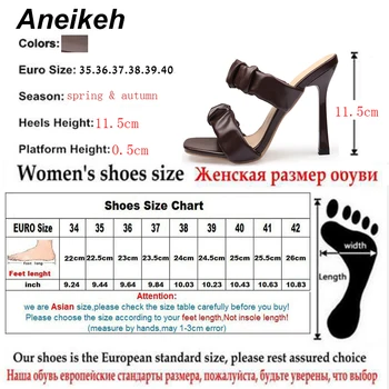 Aneikeh Дамски обувки лято шипове квадратен чорап ПУ пързалки отвън нагънат възрастни черен размер 35-42 нова мода 2020 офис
