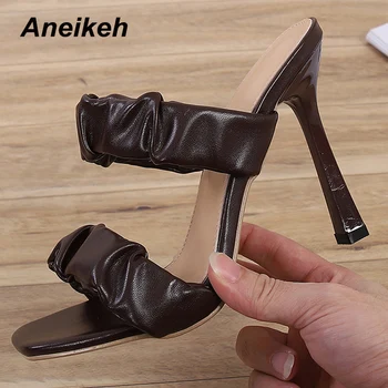 Aneikeh Дамски обувки лято шипове квадратен чорап ПУ пързалки отвън нагънат възрастни черен размер 35-42 нова мода 2020 офис