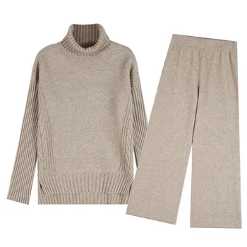 GUUZYUVIZ поло удебелена зима женски комплект с висока талия възли дълги панталони и пуловер топъл пуловер комплект от 2 теми дамски ежедневни облекла